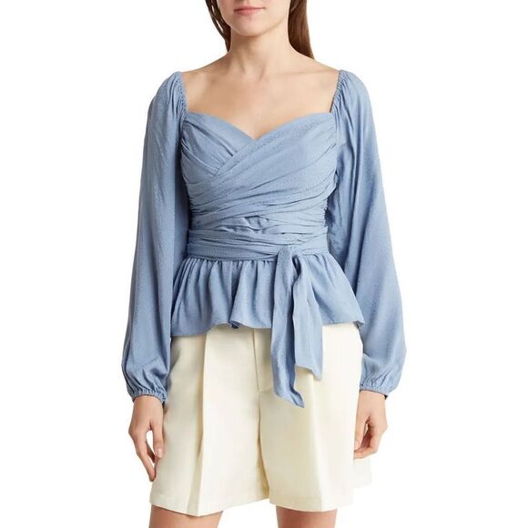 BCBGMaxazria Jacquared Ruched Balloon-Sleve Light Blue Peplum Top - Picture 1 of 6
